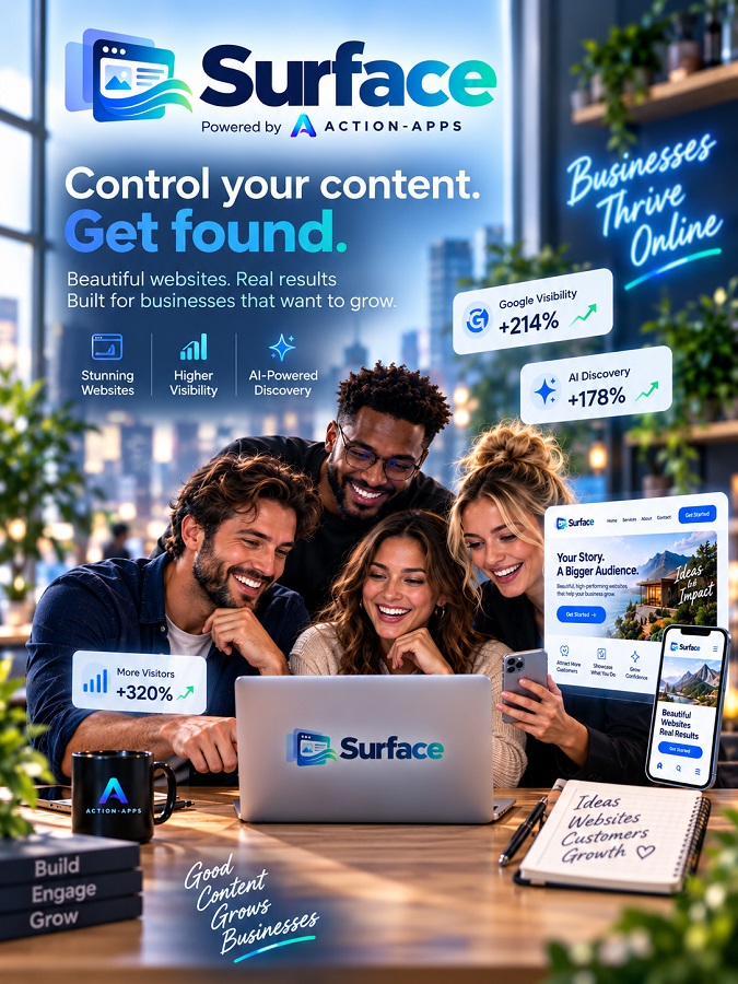 Business owners viewing a fast Surface-powered website on laptop and mobile devices